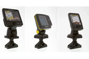 Black Scotty Universal Sounder Mount with three different fish finders attached, showing its adjustable design.