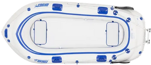 Top-down view of a white Sea Eagle 9 inflatable boat with blue accents, two oars, and a motor mount.