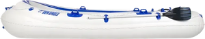 White Sea Eagle 9 inflatable boat with blue accents, oarlocks, and a black oar.