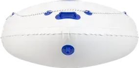 White inflatable boat with blue accents, rope lacing, and a top handle.
