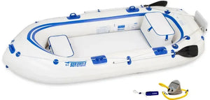 White Sea Eagle 9 inflatable boat with blue trim, two seats, oars, and included pump.