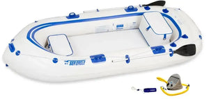 White and blue Sea Eagle 9 inflatable boat with two seats, oars, pump, and repair kit.