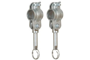 Set of 2 galvanized steel oarlock pins with clamps and retainer rings for thin shaft oars.