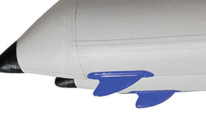 Two blue Sea Eagle skegs attached to the white hull of an inflatable kayak.