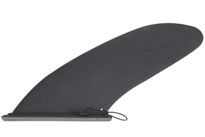 Black, swept-back Sea Eagle slide-in skeg with a securing lanyard, designed for weed-less propulsion.