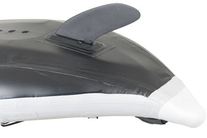 Black and white inflatable kayak stern with a large, gray swept-back slide-in skeg.