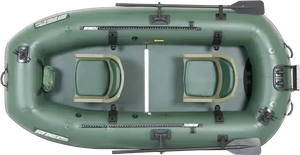Hunter Green Sea Eagle Stealth Stalker 10 inflatable fishing boat with two seats, oars, and fish rulers.