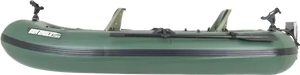 Hunter green Sea Eagle Stealth Stalker 10 inflatable fishing boat with two seats, oars, and rod holders.