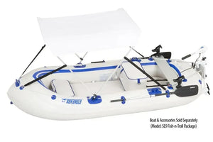 White Sea Eagle Sun & Rain Canopy on an inflatable boat, with folding aluminum tubing.