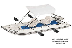 White Sea Eagle Sun & Rain Canopy on a PaddleSki 437ps boat with two seats and paddles.