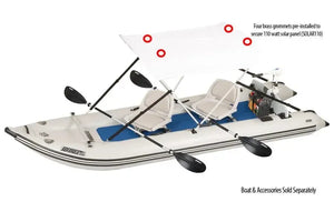 White Sea Eagle Sun & Rain Solar 110 Canopy with red grommets on a boat, featuring a folding aluminum frame.