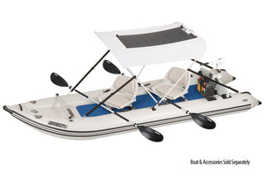 White Sea Eagle Sun & Rain Solar 110 Canopy with a solar panel on a gray inflatable boat.