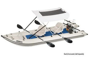 White Sea Eagle Sun & Rain Solar 110 Canopy with a solar panel on a gray inflatable boat.