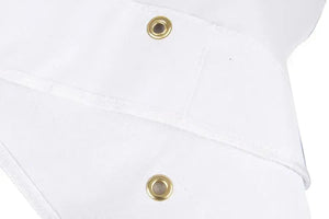 Close-up of a white PVC coated polyester canopy with two brass grommets for a 50W solar panel.