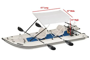 White Sea Eagle Sun & Rain Solar 50 Canopy on an inflatable boat with paddles and seats.