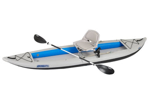 Gray Sea Eagle inflatable kayak with blue accents, a gray swivel seat, and a black paddle.