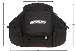 Black Sea Eagle Tall Back Kayak Seat with red stitching, removable storage bag, and adjustable straps.