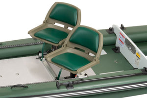 Two green locking swivel boat seats with 7" pedestals on an inflatable green boat.