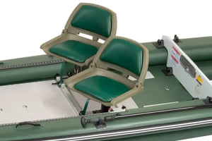Two green locking swivel boat seats with 7" pedestals on an inflatable green boat.