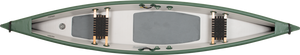 Top-down view of a green and white Sea Eagle TC16 inflatable canoe with two seats and gray deck pads.