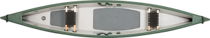 Top-down view of a green and white Sea Eagle TC16 inflatable canoe with two seats and gray deck pads.