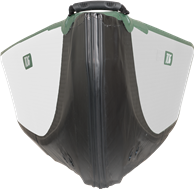 Front view of the Sea Eagle TC16 inflatable canoe, featuring a green and white bow with a black handle.