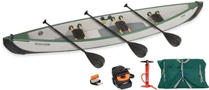 Sea Eagle TC16 inflatable canoe, gray and green, with three paddles, pump, and carry bag.