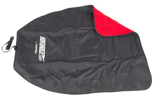 Black Sea Eagle waterproof kayak blanket with red fleece lining and attached strap.