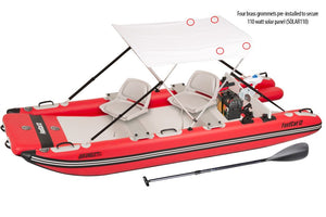 White Sea Eagle Wide Sun & Rain Solar 110 Canopy on a red FastCat 12 boat with two seats and a paddle.