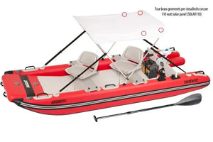 White Sea Eagle Wide Sun & Rain Solar 110 Canopy on a red FastCat 12 boat with two seats and a paddle.