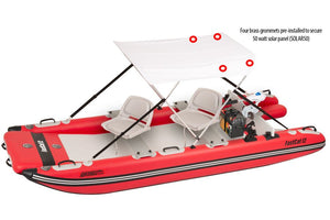 White Sea Eagle Wide Sun & Rain Solar 50 Canopy on a red FastCat boat with two seats.