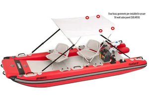 White Sea Eagle Wide Sun & Rain Solar 50 Canopy on a red FastCat boat with two seats.