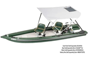 White Sea Eagle Wide Sun & Rain Solar 50 Canopy on a green inflatable boat with two seats.