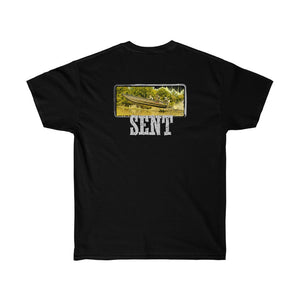 Black ultra cotton tee with "SENT" text and a mud boat graphic on the back.