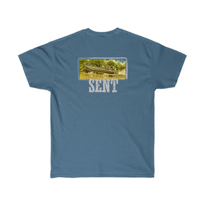 Blue ultra cotton tee with "SENT" and a mud yacht boat graphic.