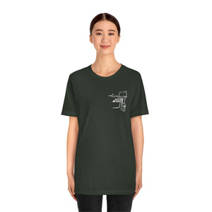 Dark grey cotton t-shirt with a white outline graphic of a boat motor on the left chest.