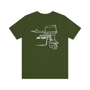 Olive green cotton tee with a white outline graphic of an outboard motor and "JON YACHT" text.