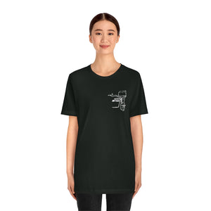Black short sleeve tee with white "Square Body Tiller" outboard motor graphic on the left chest.