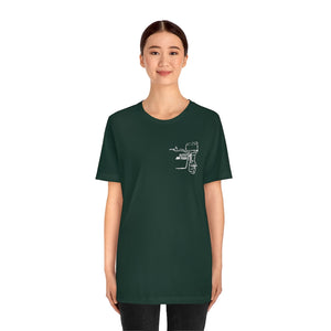 Woman wearing a dark green short-sleeve tee with a white "Square Body Tiller" outboard motor graphic.