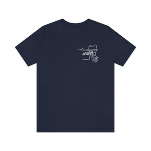Navy blue cotton tee with a white outline graphic of a "JON YACHT" square body tiller boat motor.