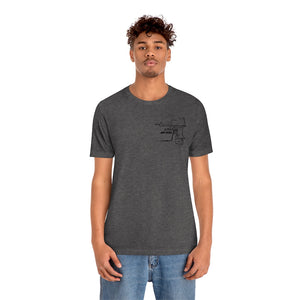 Man in a dark gray short-sleeve tee with a black "Square Body Tiller" graphic on the left chest.