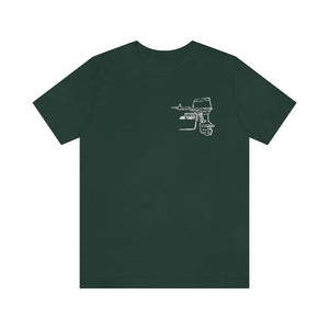 Dark green cotton t-shirt with a white outline graphic of a boat and outboard motor on the left chest.
