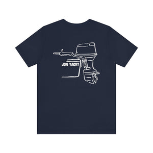 Navy blue cotton tee with white "Jon Yacht" outboard motor graphic.