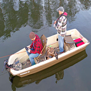 Two men fishing from a beige Sun Dolphin American 12 boat with custom aluminum floors and a trolling motor.