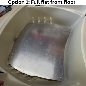 Silver .090 aluminum full flat front floor kit installed in a beige Sun Dolphin American 12 boat.