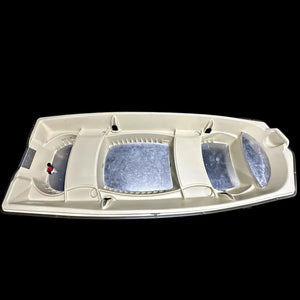Overhead view of a beige Sun Dolphin American 12 boat with three .090 aluminum floor pieces installed.