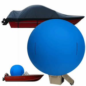 Blue SwellUP inflatable boat cover support system, shown inflated and under a black boat cover.