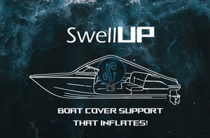 SwellUP inflatable boat cover support system diagram with air circulation shown inside a boat outline.