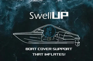SwellUP inflatable boat cover support system diagram with air circulation shown inside a boat outline.
