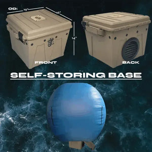 SwellUP inflatable boat cover support system with tan self-storing base and blue inflatable tensioner.